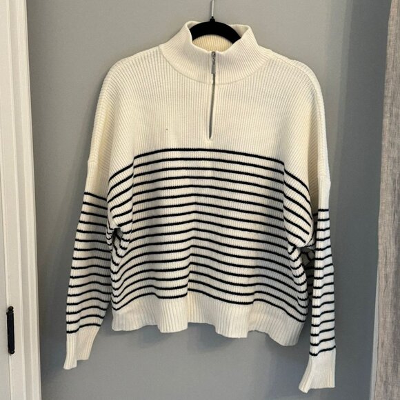 Mango 1/4 Zip Knit Sweater - White & Navy Stripes - Size L - Picture 1 of 2